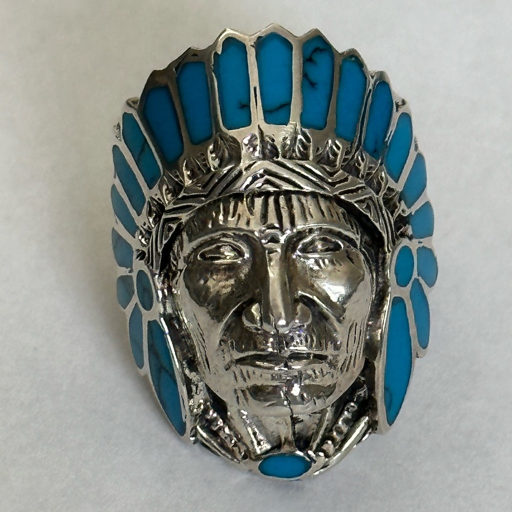 925 Silver Apache Turquoise Blue Native American Indian Chief Warrior ring - Picture 2 of 5
